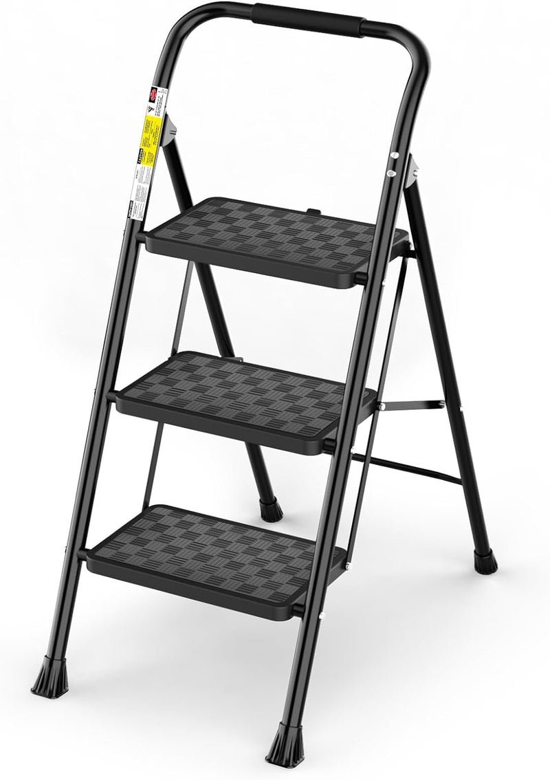HBTower 3 Step Ladder, 3 Step Stool for Adults, 3 Step Ladder Folding Step Stool with Cushioned Handle Step Ladder with Wide Pedal Ergonomic Design,Black - Image 1
